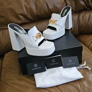 Women's Versace White Gold Luxury Slide-On Platform Heels Size 8 US (worn 2x )